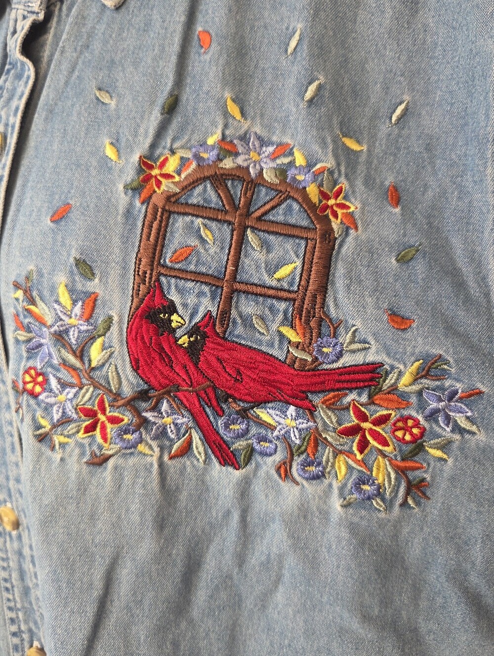 Vintage Bobbie Brooks XL Embroidered Cardinal Denim Shirt Cottagecore 90s
